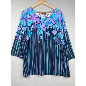 Bob Mackie Knit Top Womens 3X Wearable Art Floral Stripe